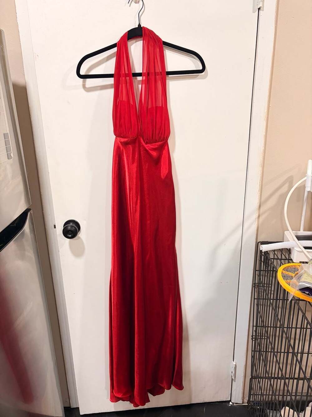 Betsy & Adam Vintage Y2K Red Satin Halter Evening Gown with Ruffles - Picture 3 of 9